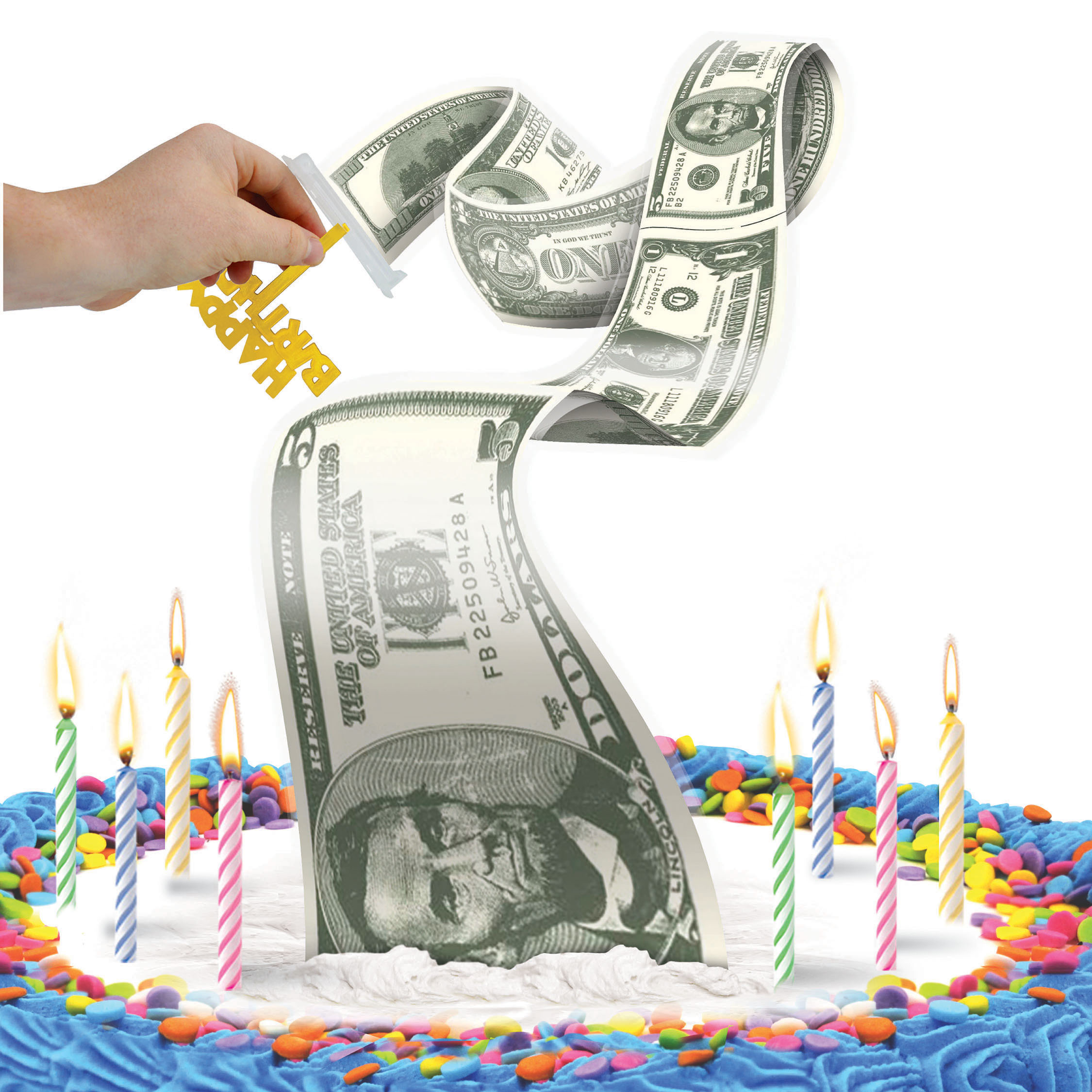 Best Party Ever Happy Birthday White Cake Topper, Cash Stash Surprise, 2 inch Width