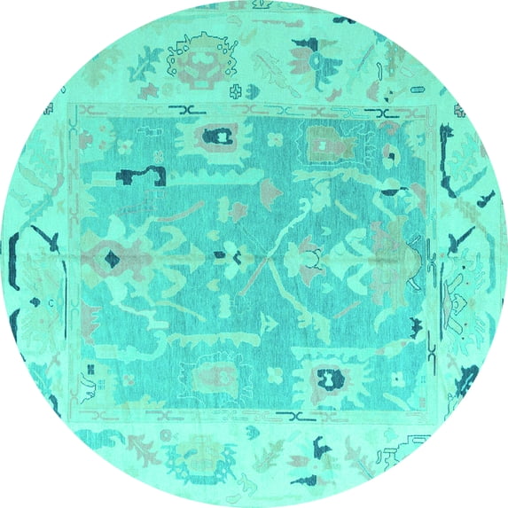 Ahgly Company Machine Washable Indoor Round Oriental Turquoise Blue Traditional Area Rugs, 5' Round