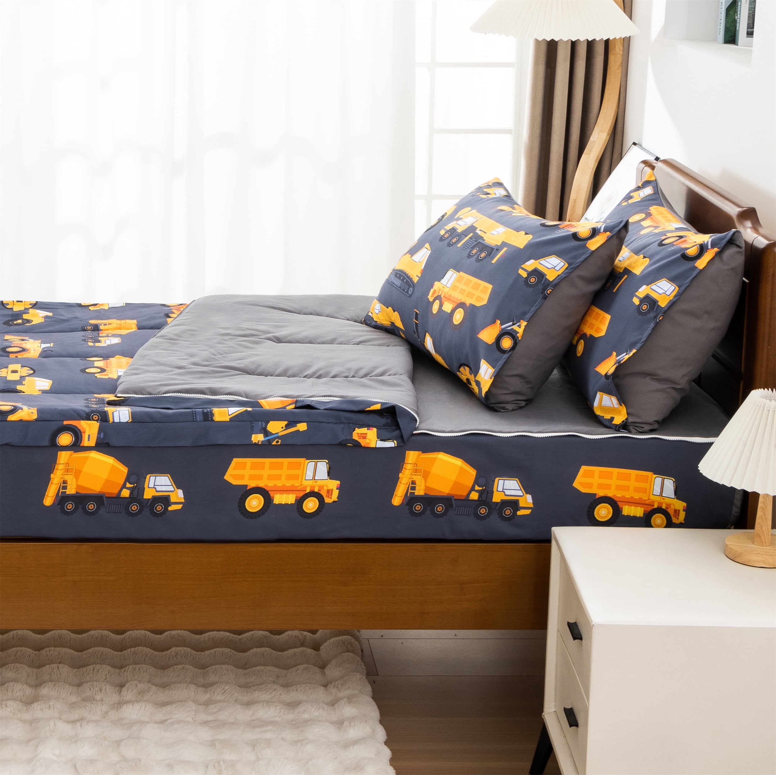 Btargot Gray Car Zipper Twin Comforter Set for Boys Construction Truck Tractor Bedding Set