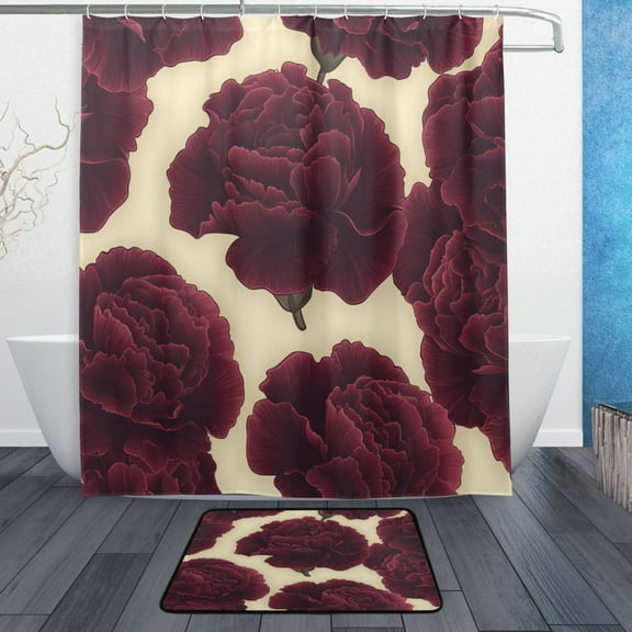Bath Curtain & Non-Slip Bath Mat Set 12-Grommet Shower Curtain Memory Foam Bath Rug Dark Red Carnations