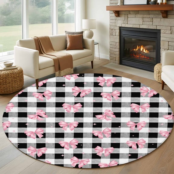 Round Area Rugs Collection 6 Ft, Valentine's Day Non-Slip Residential Carpet, Pink Bows Shining Stars Farmhouse Plaid Indoor Crawling Mats Runner Rugs for Living Room/Dining Room/Bedroom