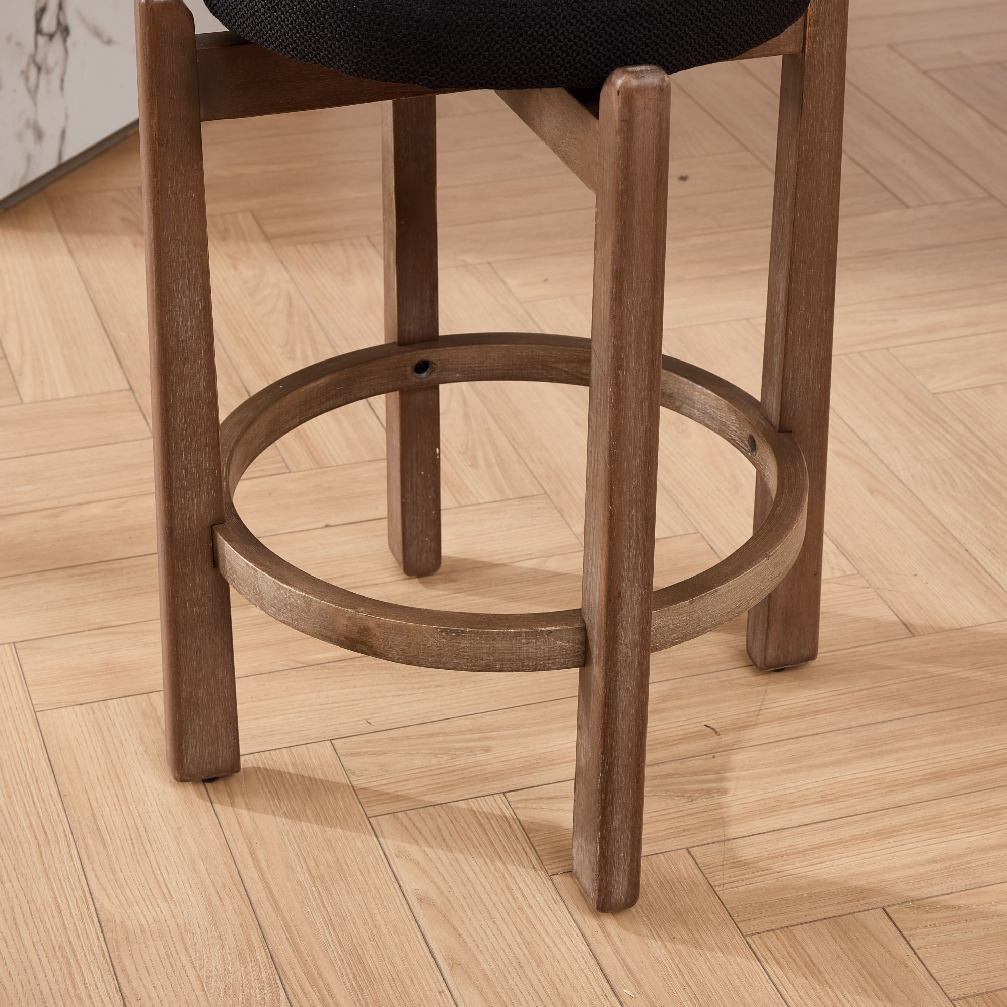 PORKISS Swivel Bar Stools Set of 2, Linen Upholstered Counter Height Stools with Solid Wood Frame, Mid-Century Kitchen Island Chairs with Round Footrest, Black
