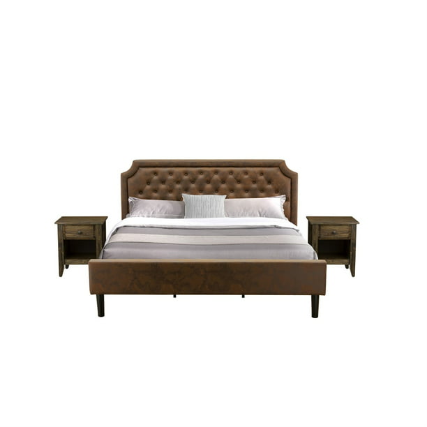 Gb25k 2ga07 3 Pc Platform Bedroom Set With Button Tufted King Size Bed Frame And 2 Distressed Jacobean End Table Dark Brown Faux Leather With Black Texture And Black Legs Walmart Com