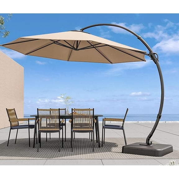 KAMEROUT 11FT Patio Umbrella with Base, Outdoor Deluxe Curvy Cantilever Umbrella for Patio Pool Deck, Champagne