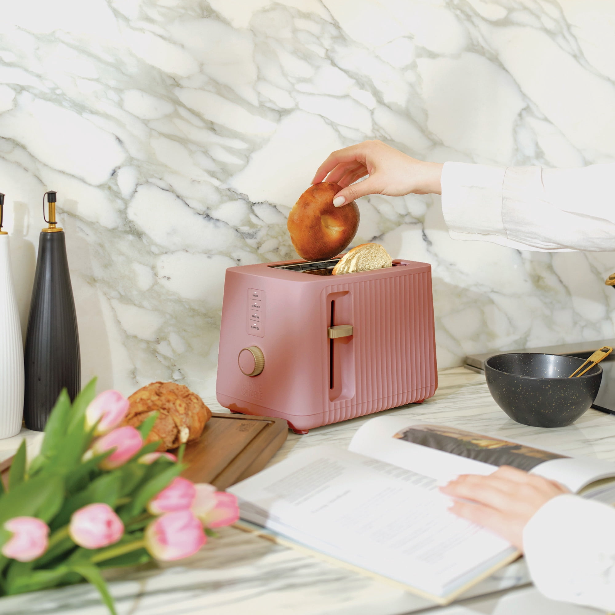 Thyme & Table 2-Slice Toaster, Extra-Wide Slots with Removable Crumb Tray, Faded Rose