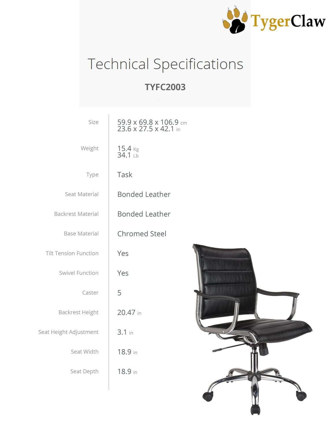 Chaise de bureau TygerClaw en cuir reconstitué à dossier moyen