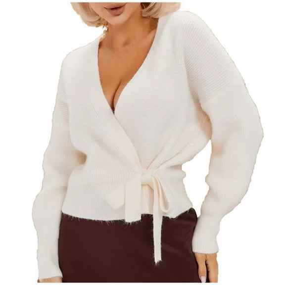 Ediodpoh Women's V Neck Tied Knit Cardigan Slim Fit Sweater Jacket for Fall Fashion Cardigan Sweaters for Women White S