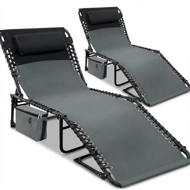 Multifunctional Reclining Garden Chair - Foldable with Side Pockets & Removable Pillow, Adjustable Backrest - Lightweight and Portable, Suitable for Outdoor Use, Beach, Pool, and Camping - Set of 2