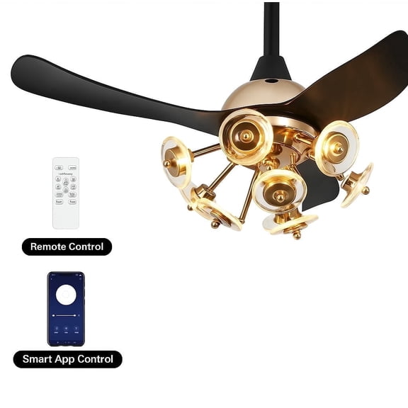 28 in Smart Indoor Semi-Flush Ceiling Fan Light – Black/Gold Acrylic Flower Design, Integrated LED, Remote & App Control