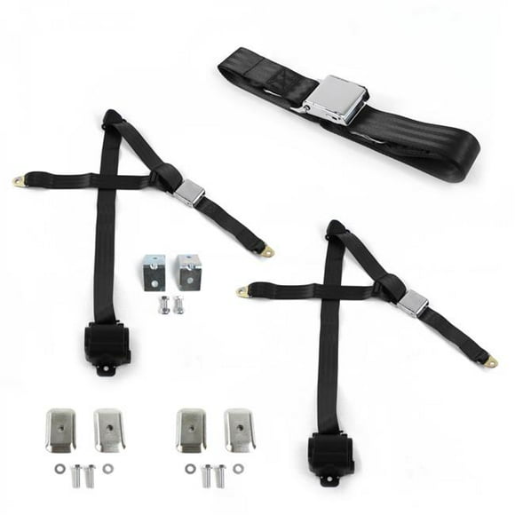 Black Retractable Bench Seat Belt Kit with Bracketry for 1970-1979 AMC Gremlin Airplane 3 Point - 3 Belts