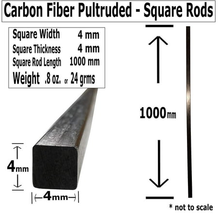 Image of 2 4mm X 1000mm - PULTRUDED-Square Carbon Fiber Rods. 100% Pultruded high Strength Carbon Fiber. Used for Drones Radio Controlled Vehicles. Projects requiring high Strength to Weight Components.