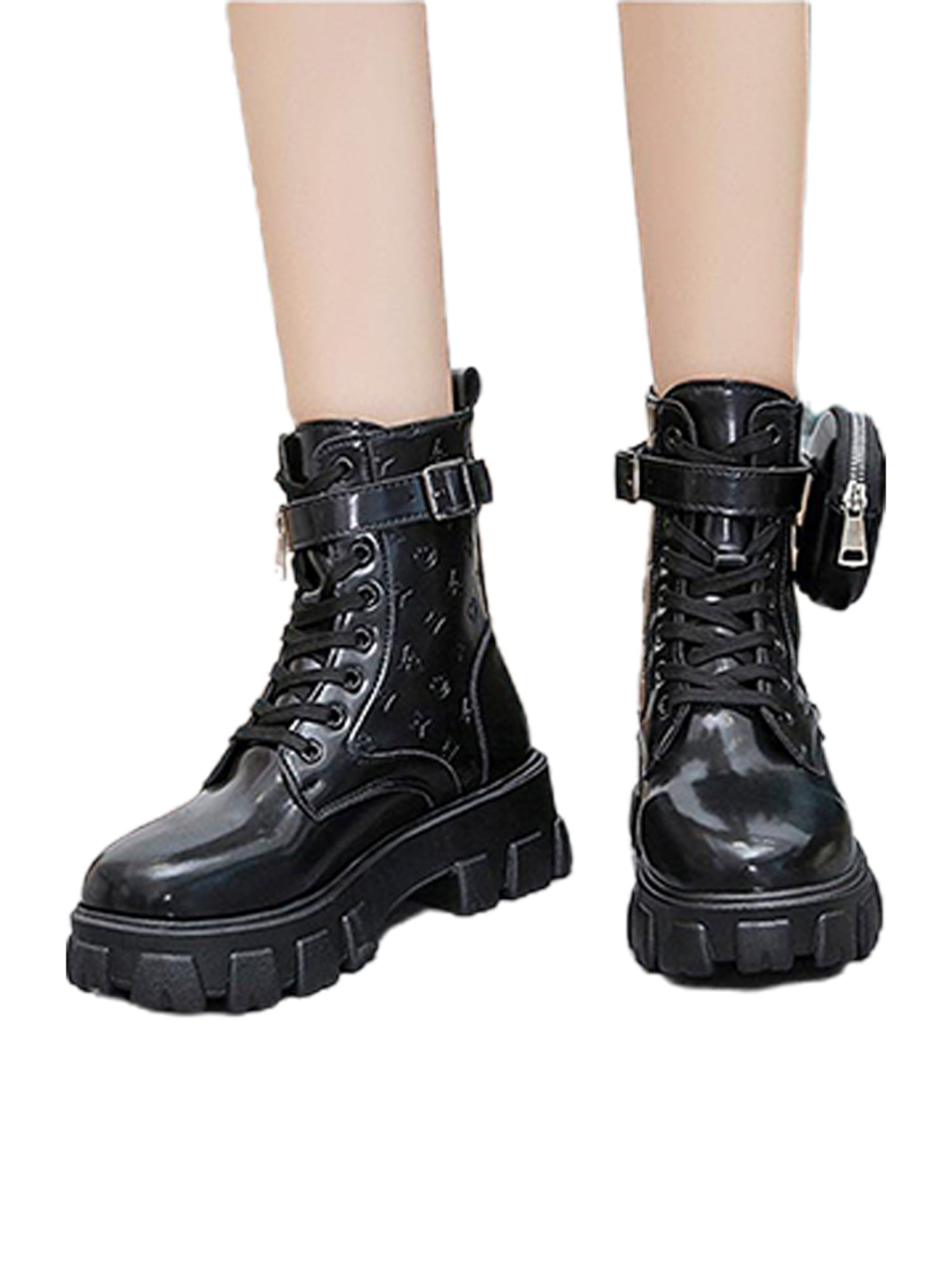 Women Chunky Heel Ladies Combat Motor Shoes Buckle Strap Platform Ankle Boots 