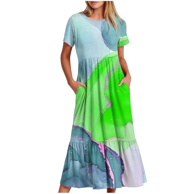 Pisexur Robe à Manches Courtes Col Rond Mode Femme Robe Imprimée Col Rond Blouse Femme