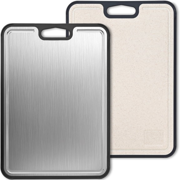 TINANA Double-Sided Titanium Cutting Board Set, Stainless Steel and Wheat Straw PP, Non-Slip, Juice Groove, Dishwasher Safe Kitchen Cutting Board