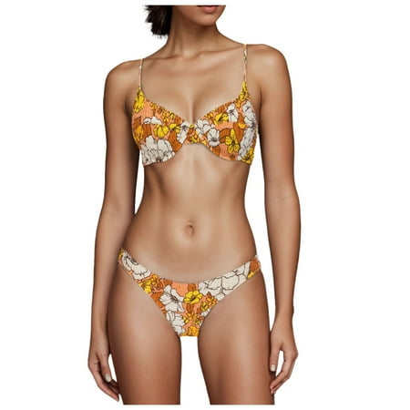 QYZEU Womens Swimsuits Two Piece Triangle Bathing Suits 2 Piece Swimwear Pleated Double Floral Print Swimsuit Bikini Breathable Comfy Lightweight Swimwear Brown S
