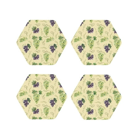 

KLL Drink Coasters Set Hexagon of 4 PU Leather Absorbent Coasters Set Decorative Coffee Cup Coasters Housewarming Gift for Home Decor-Green And Purple Grapes