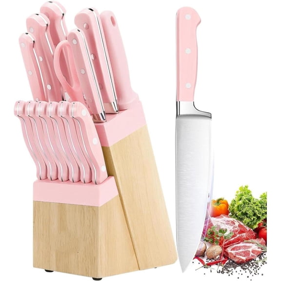 14-Piece Pink Triple Riveted Knife Set with Wood Block, High Carbon Stainless Steel Kitchen Chef Knives Set, Razor-Sharp Dishwasher Safe Cutlery