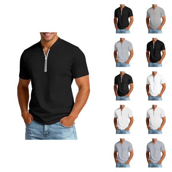 Mens T-Shirts with Zip Summer Plain V Neck Short Sleeve Dress Shirts Casual Tops