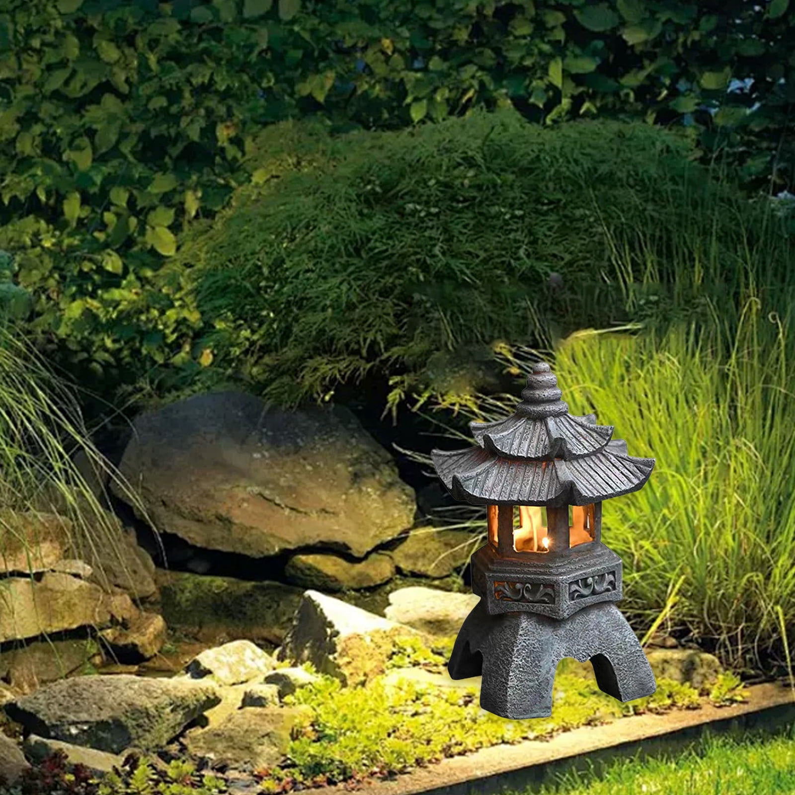 HWRETIE Solar Stones Pagoda Lamp Resin Outdoor Light Decoration,Garden Vibes Solar Powered Tower Lamp for Courtyard Landscape and Ambient Lighting