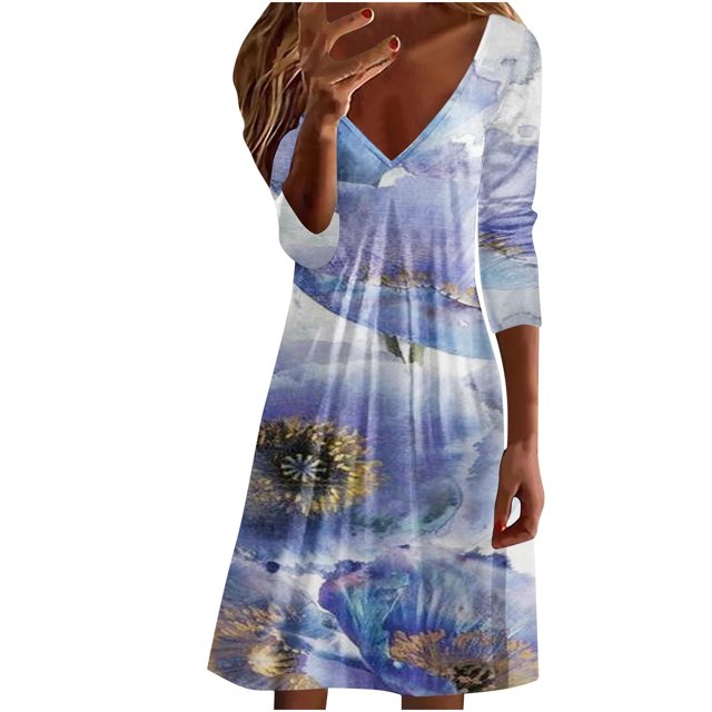 Vestido de jersey con cuello en V y manga larga estampado a la moda para mujer Fridja yut4360