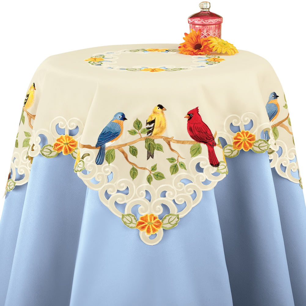 Embroidered Spring Floral Table Linens Blue Bird Runner Scalloped Cutout Linen 