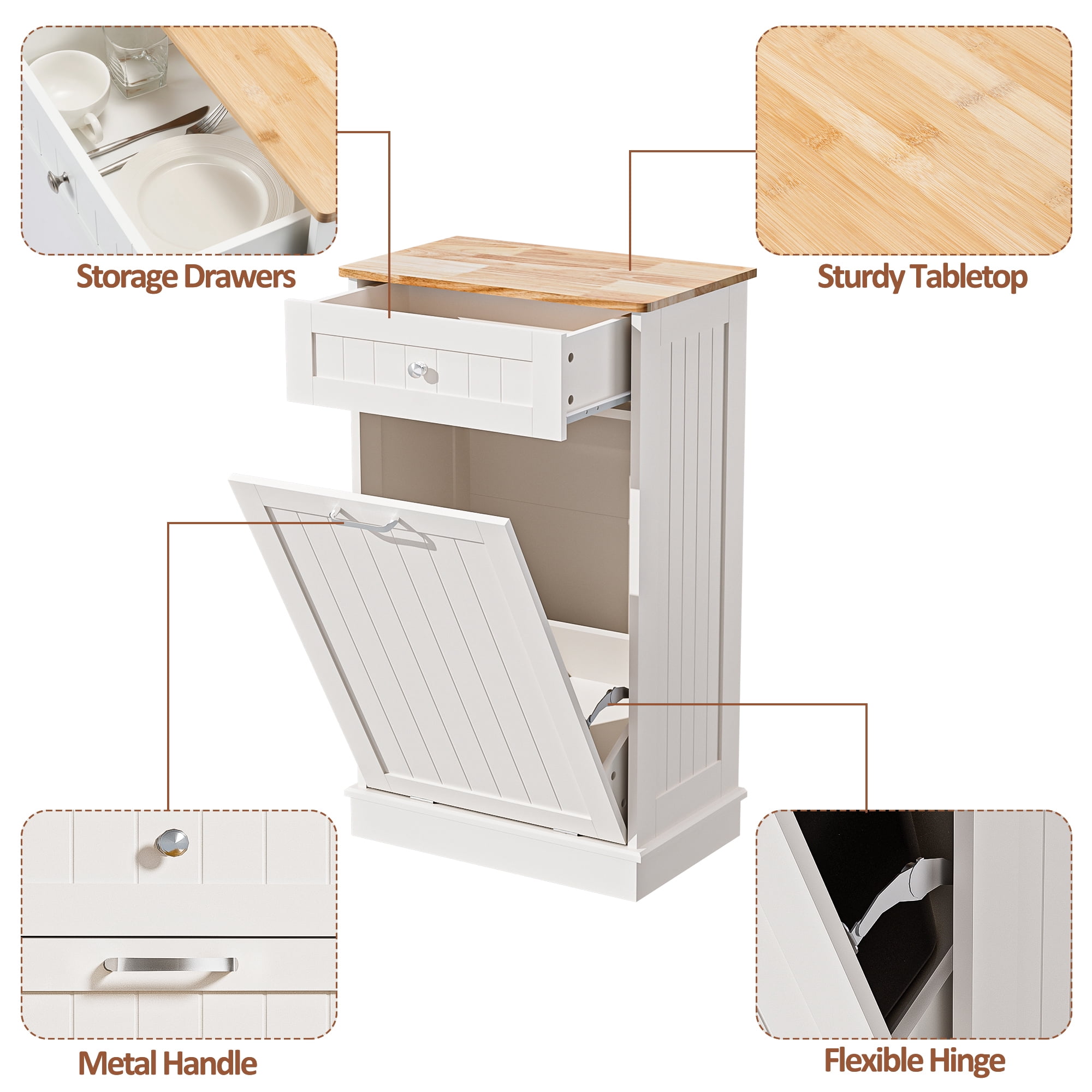AHB 13 Gallon Single Tilt Out Trash Cabinet with Drawer, Freestanding Kitchen Trash Can Storage Organizer, 20.9"L x 13.55"W x 38.5"H, White