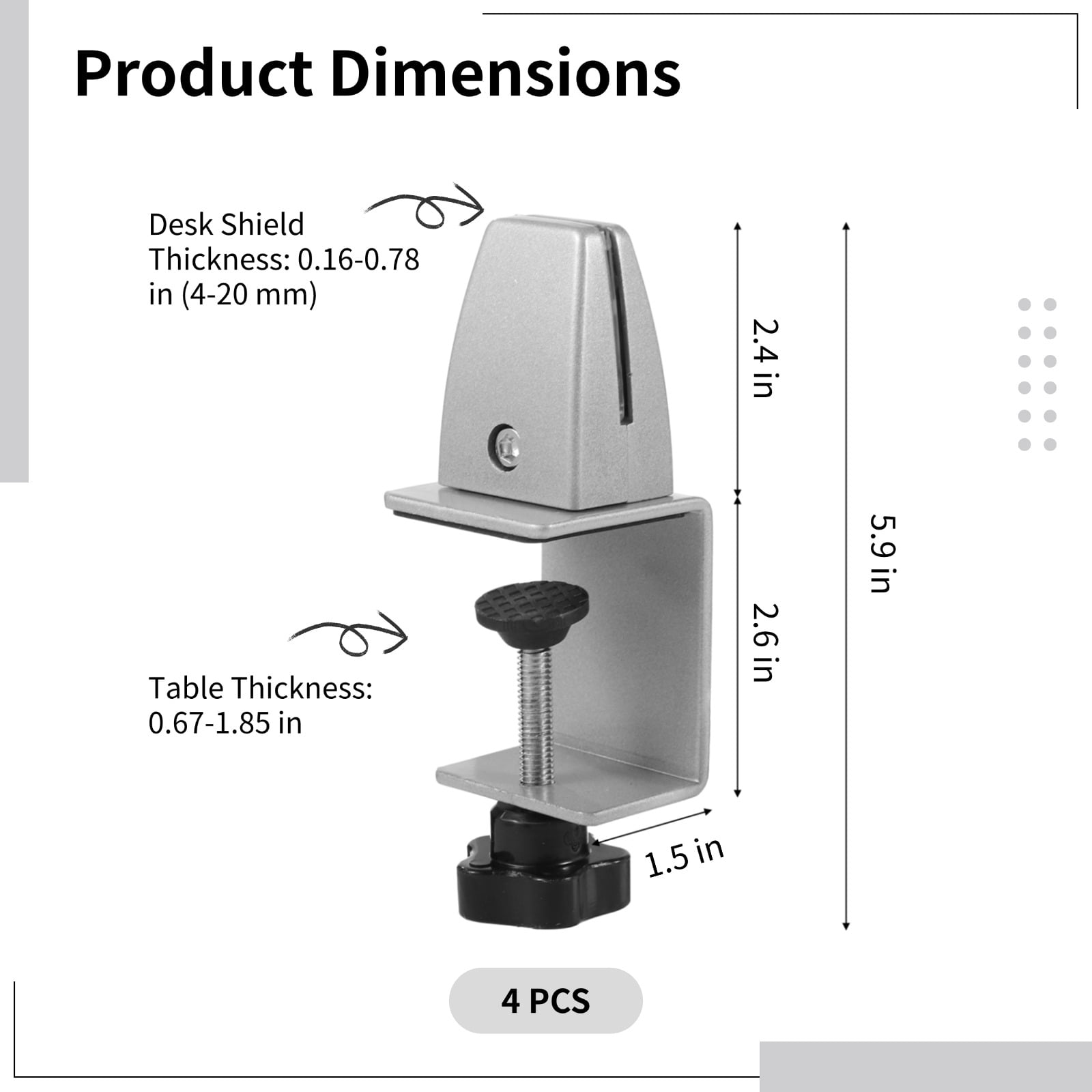 4 PCS Sneeze Guard Support Clamps, Adjustable Desk Clamp for Dividers, Aluminum Alloy Desk Shield Clamp, Privacy Panel Clamp for Office Desk, Easy Installation, Anti-Scratch