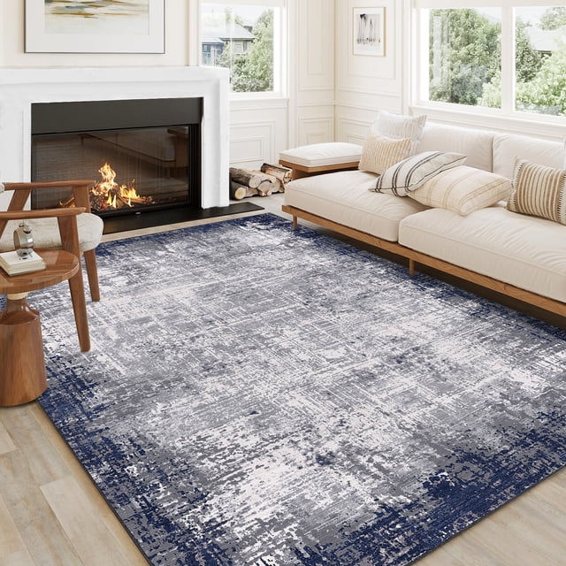 Area Rug – 5x7 Washable Soft Low-Pile – Non-Slip & Collapsible – Bordered Abstract – Living Room, Bedroom, Dining Room & Entryway – Blue Gray – USA Stock