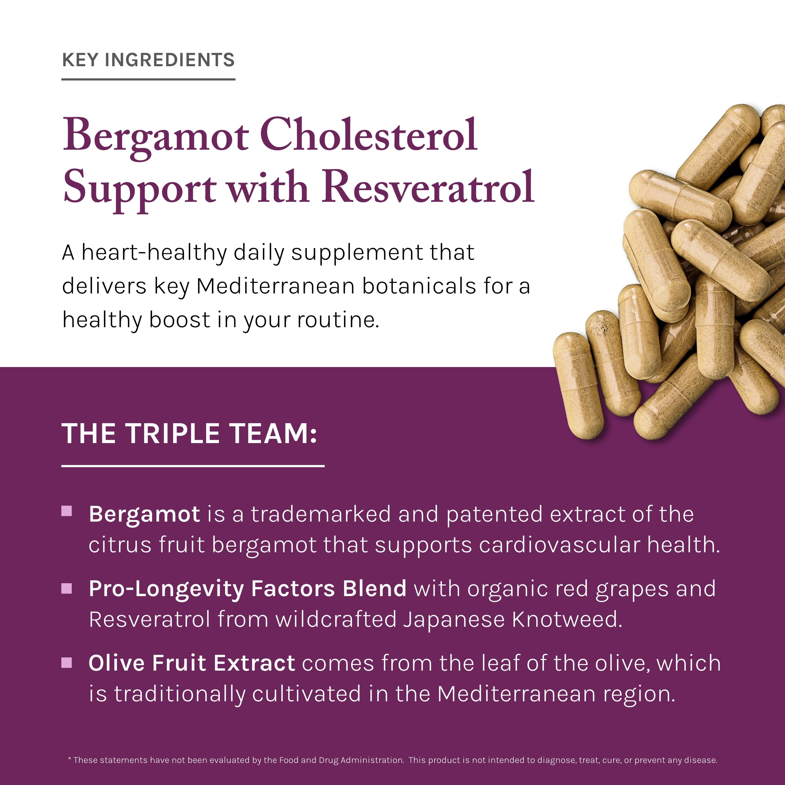 Reserveage Beauty, Bergamot Cholesterol Support with Resveratrol, Antioxidant Supplement for Cardiovascular Support & Heart Health, Vegan, 30 Capsules (30 Servings)
