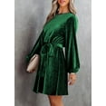 thumbnail image 3 of DOKOTOO Womens Velvet Cocktail Dress Lantern Sleeve Skater Dresses High Waist Party Dresses with Belt Fashion A-Line Dress, 3 of 9