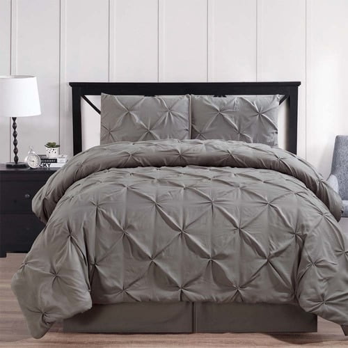 Gray Oxford Double Needle Luxury Soft Decorative Pinch Pleat Comforter Set 