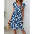 thumbnail image 1 of Nouvelle Robe d'Été Imprimée Feuilles Explosions Col en V Manches Volantes Robe Décontractée de Vacances, 1 of 3