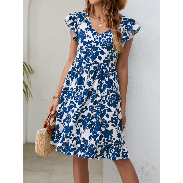 Nouvelle Robe d'Été Imprimée Feuilles Explosions Col en V Manches Volantes Robe Décontractée de Vacances