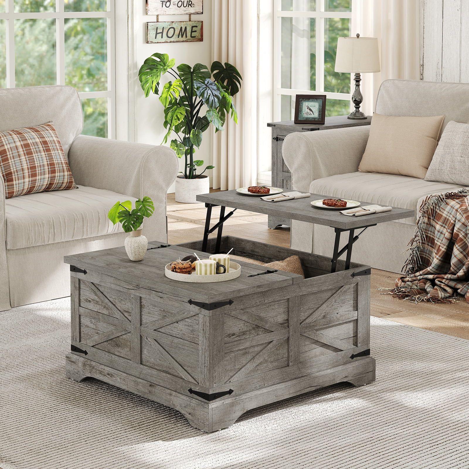 Furnihold Square Coffee Table with Storage Farmhouse Lift Top Coffee Table Wood Rustic Center Table for Living Room Home, Grey Oak