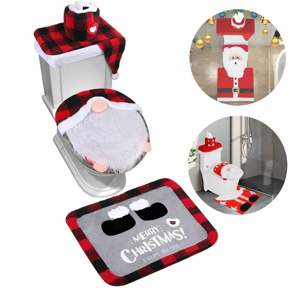 Ensemble Salle De Bain De Noël - Housse Siège Toilette, Couvercle Réservoir Et Porte-mouchoirs Motif Bonhomme De Neige Rouge, Décoration Intérieure Festive