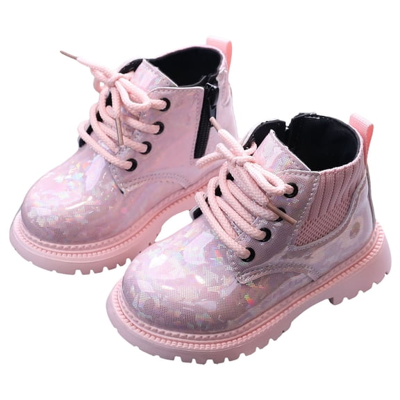 HEWUQI Toddler Girls Glitter Ankle Boots Boys Chunky Sole Side Zipper Lace up Wide Fashion Short Booties Non Slip Fall Winter Dress Shoes Pink Size 6 Infant