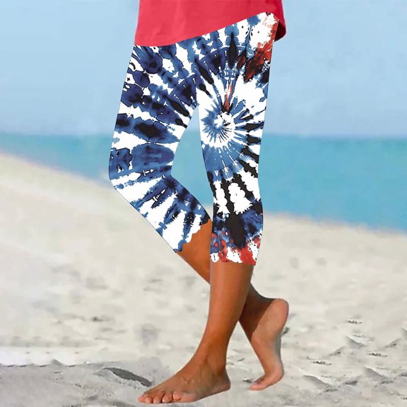 DDAPJ pyju Womens 4th of July Leggings High Waisted Capris American Flag Print Casual Yoga Capri Pants Today's Sales Blue M