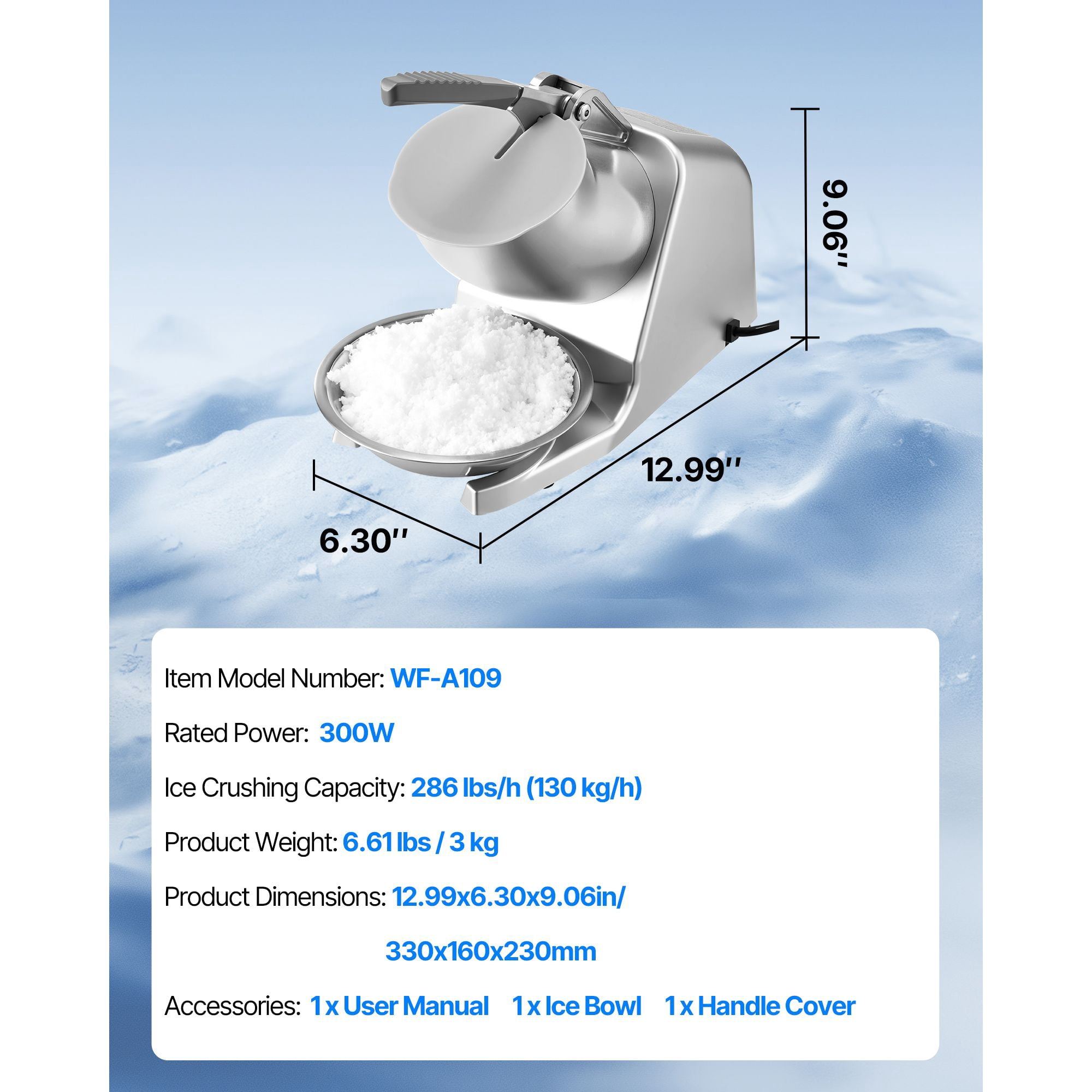 Ice Crusher Machine 286 lbs/h, 300W, 4 Stainless Steel Blades, 2000 RPM, for Home Commercial Shaved Ice Snow Cones