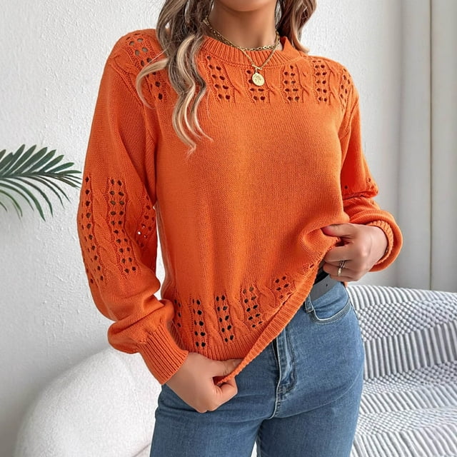 Suéter de cuello redondo para mujer, color liso, manga larga, cuello redondo, poliéster