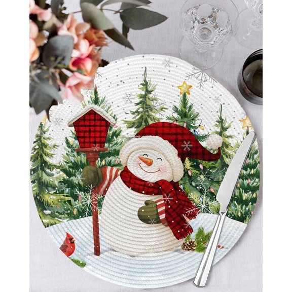 15 Inch Round Placemats Set of 6, Green Red Snowman Christmas Non Slip Heat Insulation PP Table Mats, Xmas Tree Snowflake Winter Washable Place Mats for Kitchen Dining Party Table Decor