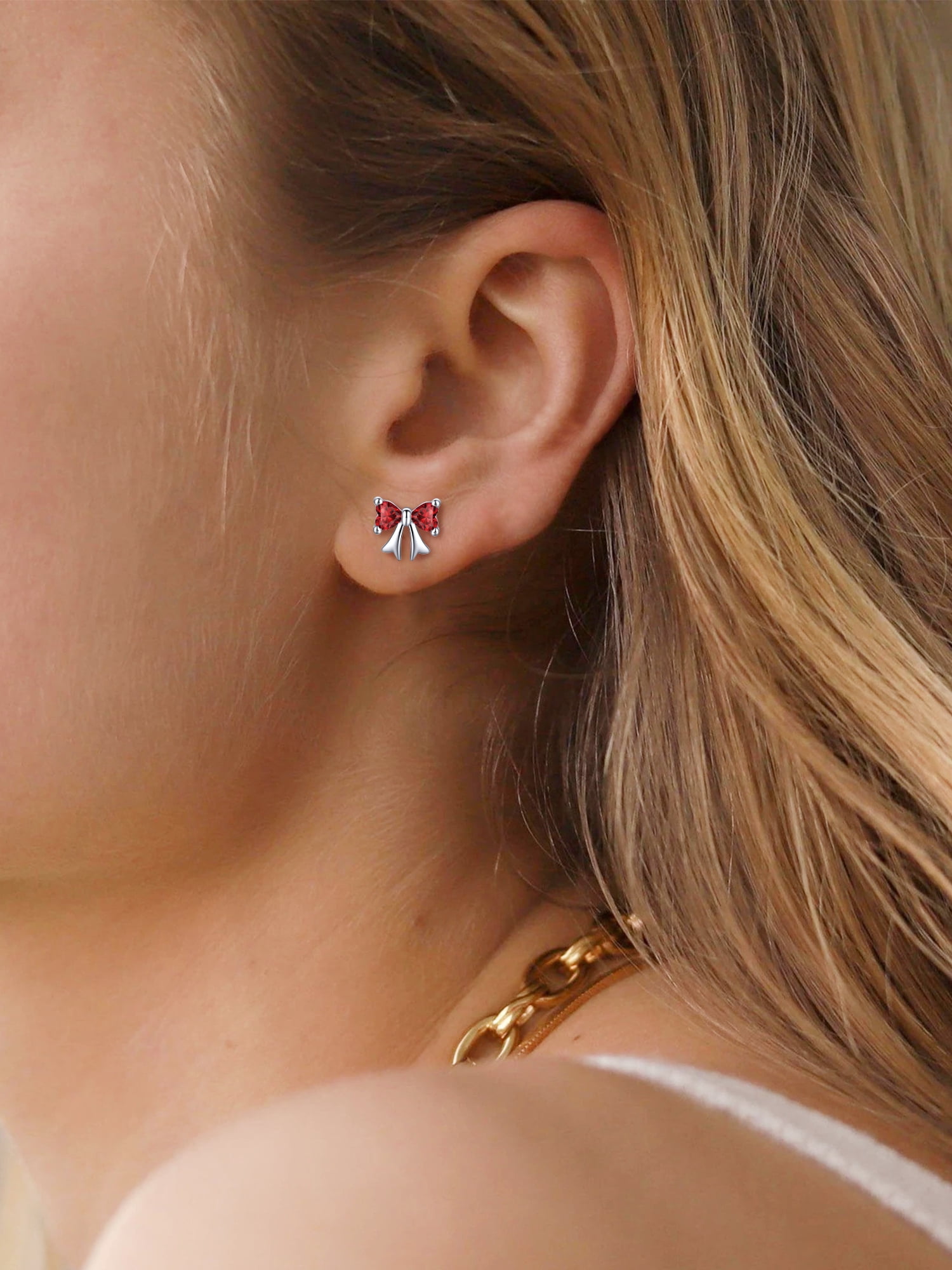 ChicSilver 925 Sterling Silver Stud Earrings Hypoallergenic Created Garnet Stud Earring Red Bow Earring January Birthstone Earrings for Women