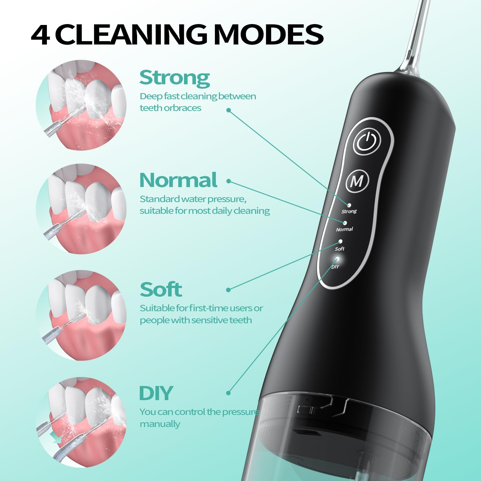 OasiSmile Water Flossers for Teeth Braces Care, Portable Cordless Travel Dental Floss 4 Modes 260ML Rechargeable Oral Irrigator with 5 Jet Tips, Black