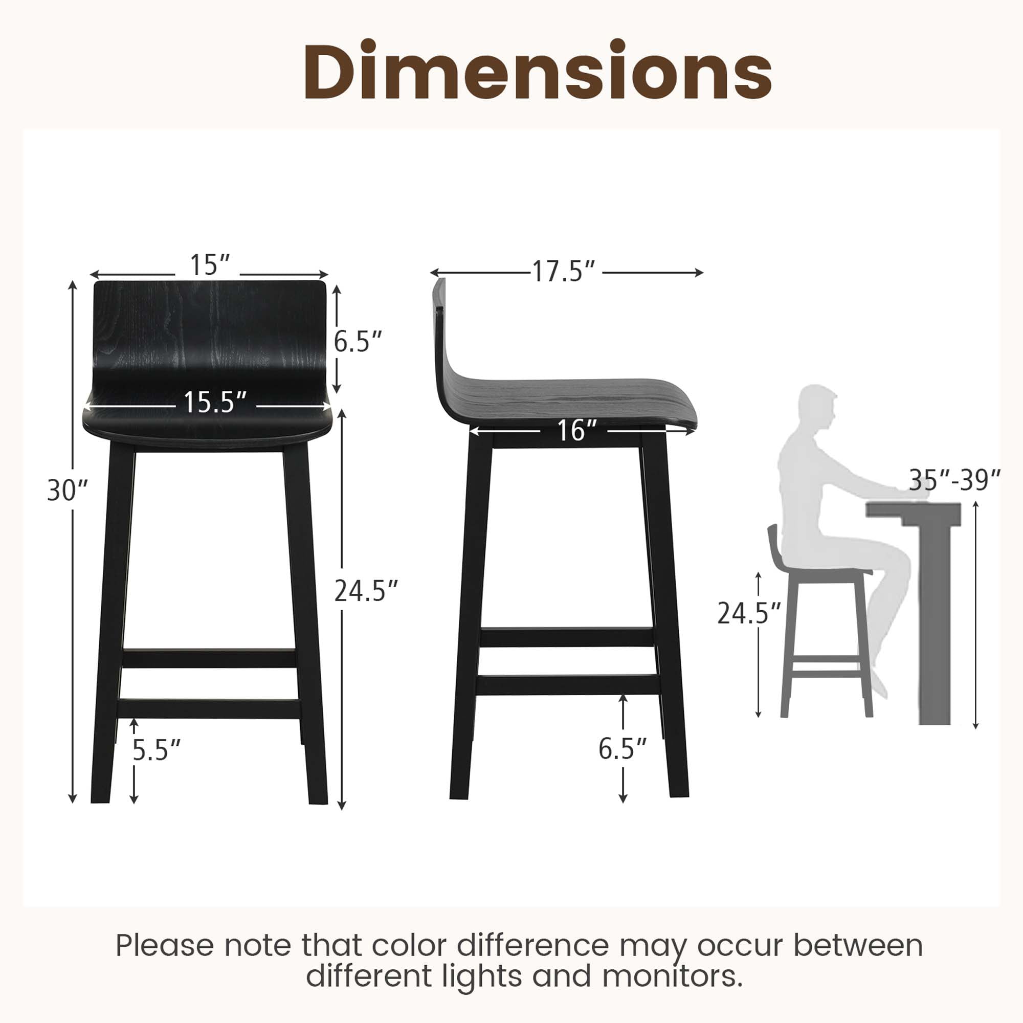 Costway 24.5" Wood Bar Stools Set of 2 with Solid Back & Seat Mid Century Bar Chairs Black
