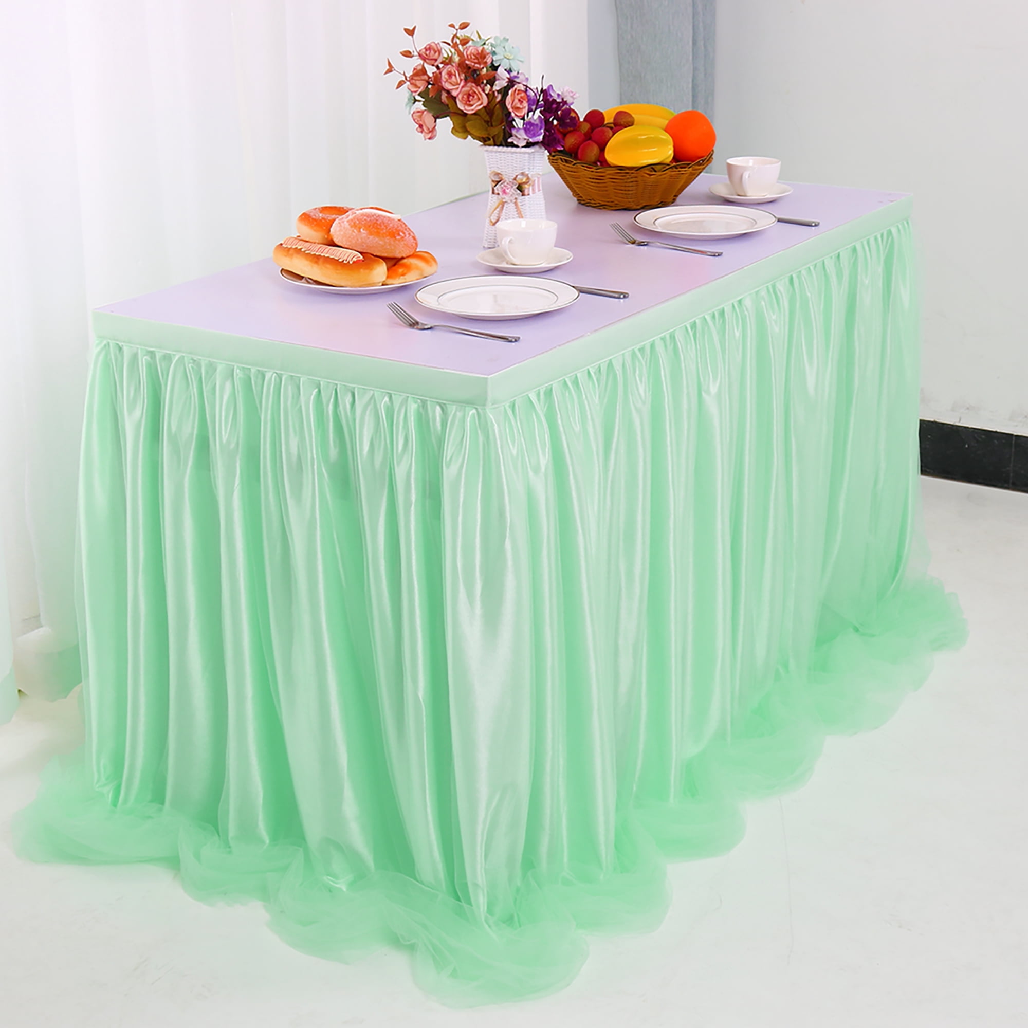 PiccoCasa Tulle Long Table Skirt for Birthday Decoration Mint 30"x72