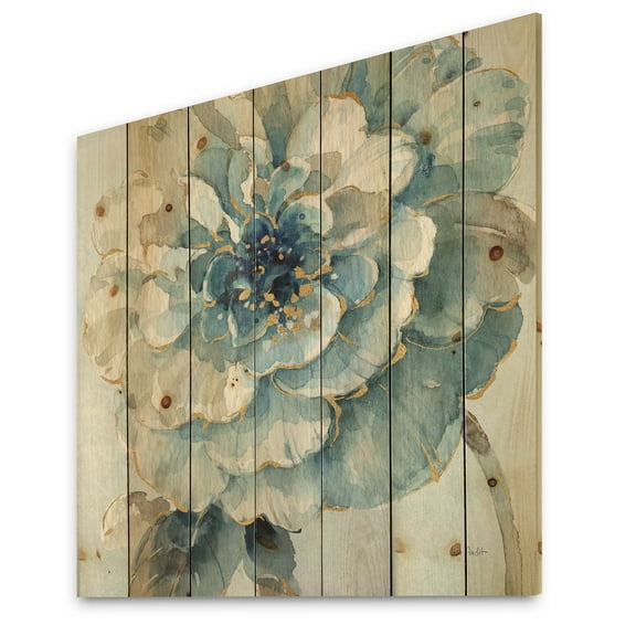 Designart 'Indigold Watercolor Flower II' Farmhouse Print on Natural Pine Wood
