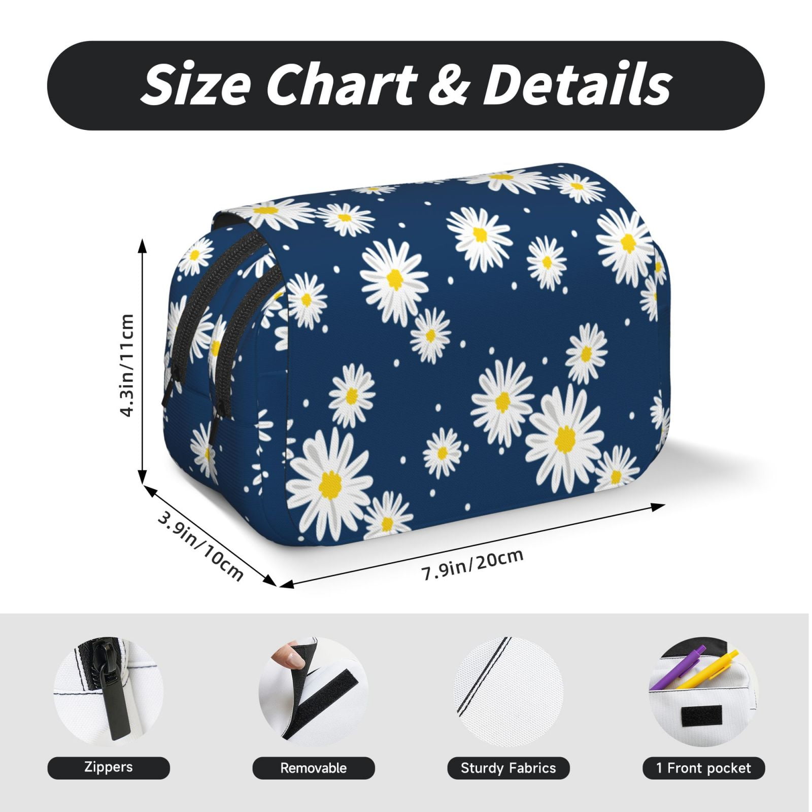 Rateoe Daisies Flowers Pattern Double Clamshell Pen Case, Storage Organizer with Two Zipper Compartments– Holds Up to 50 Pencils & Pens