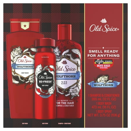 ($16 Value) Old Spice Wolfthorn Holiday Gift Pack: Body Spray 3.75 oz + Body Wash 16 fl oz + 2-in-1 Shampoo & Conditioner for Men 12 fl oz