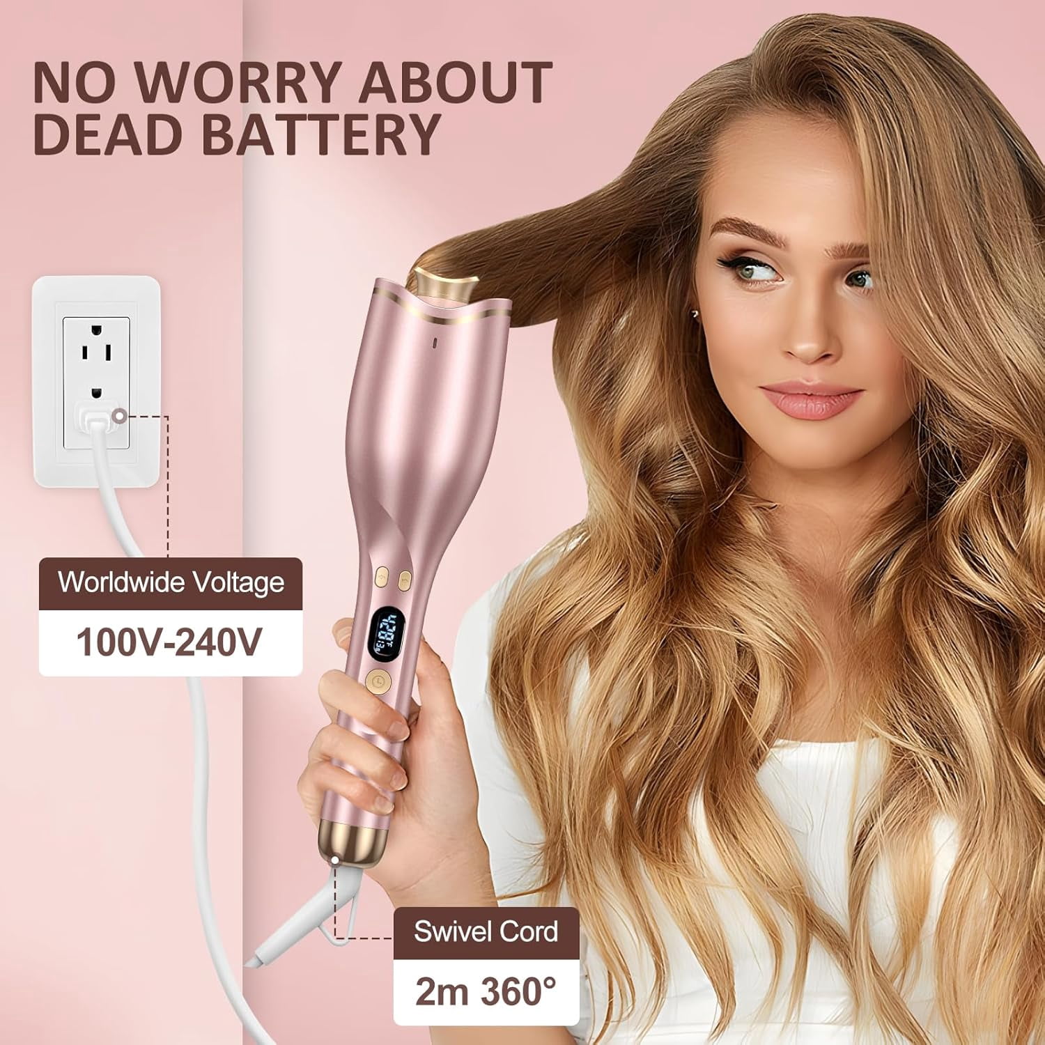 Automatic Hair Curler with 4 Temperature & 4 Timer Settings, Auto-Rotating Ceramic Curling Iron with LCD Display, Anti-Tangle & Anti-Scald Design