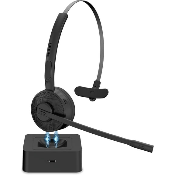 Philips Bluetooth Computer Headset, Wireless Headset with Noise-Cancelling Mic, Dual Charging & Mute Button