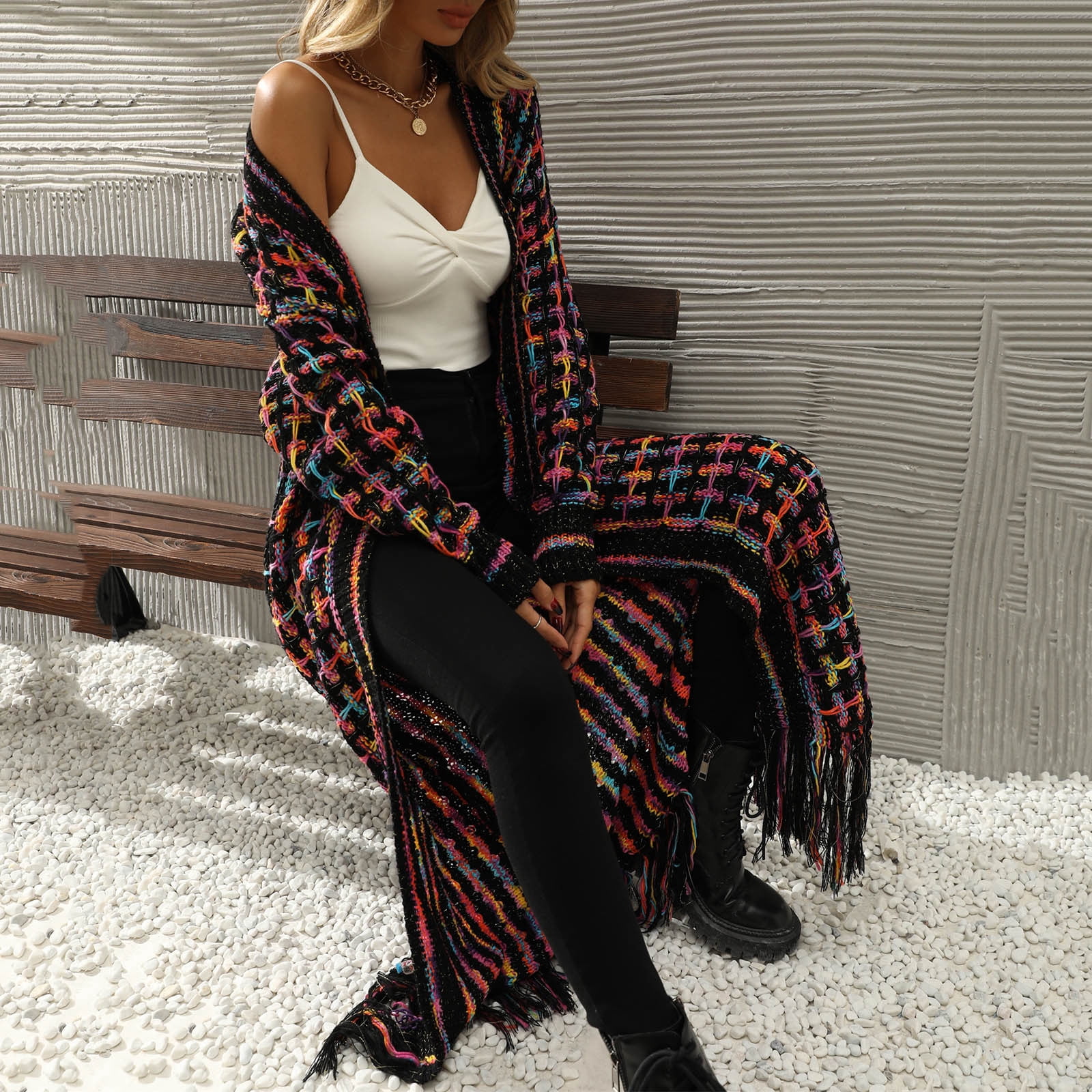 Cardigans Sweaters for Women Long Sleeve Open Front Tassels Oversized Knitted Coats Knee Length Checkered Color Block Soft Outerwear Sweater